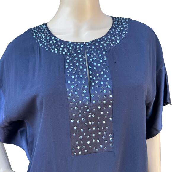 St. John Evening 8 Navy Silk Embellished Jeweled Maxi Dress Batwing Sleeve - Picture 8 of 8